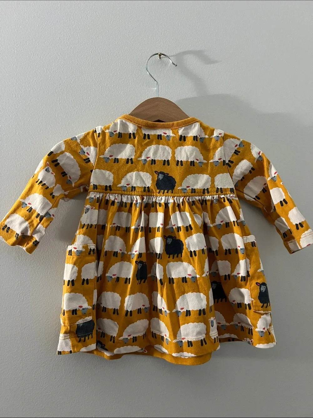 Hanna Andersson | Mustard Sheep Print Long-Sleeve Baby Dress Size 3-6 M